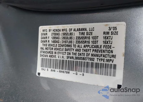 2005 Honda Odyssey Ex-L z USA, uszkodzony, nr VIN 5FNRL38685B077992